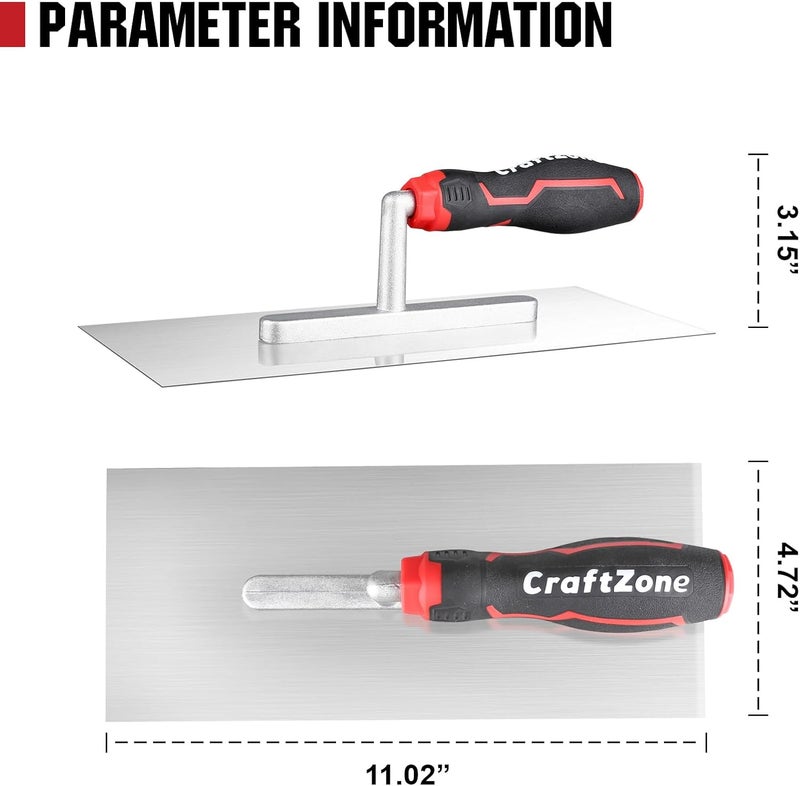 CRAFTZONE Store ملاسة خرسانية 11.02" × 4.72"، أدوات خرسانية ملاسة مسطحة من الفولاذ المقاوم للصدأ مع مقبض مريح، أدوات يدوية للبناء من الجبس والخرسانة والجبس والقرميد - Image 2